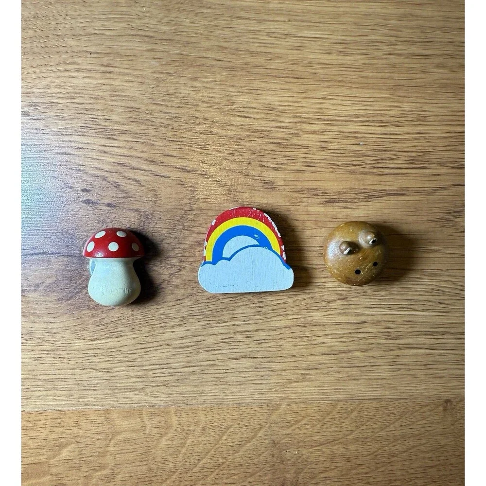 Vtg 70s Wooden Mushroom‎ Rainbow Frog Magnet Lot Retro Hippie Boho Decor Russ